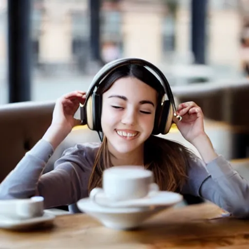 Prompt: girl using a headphone in a cafe