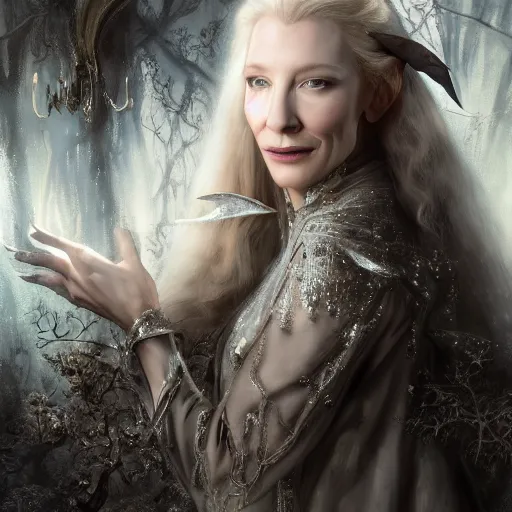 Prompt: portrait of playful, dangerous Cate Blanchett's Galadriel as a queen of elves, dressed in a beautiful silvery dress. The background is a dark, creepy eastern europen forrest. night, horroristic shadows, high contrasts, lumnious, theatrical, character concept art by ruan jia, thomas kinkade, and J.Dickenson, trending on Artstation