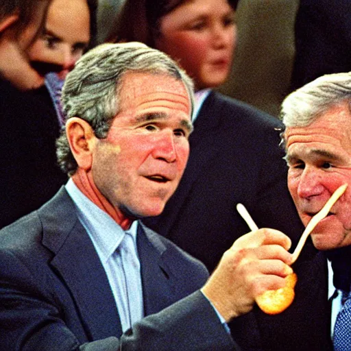 Prompt: George W. Bush sorrowfully beholds a single pretzel. Sincere regret, loss, disappointment, and shame. CineStill.