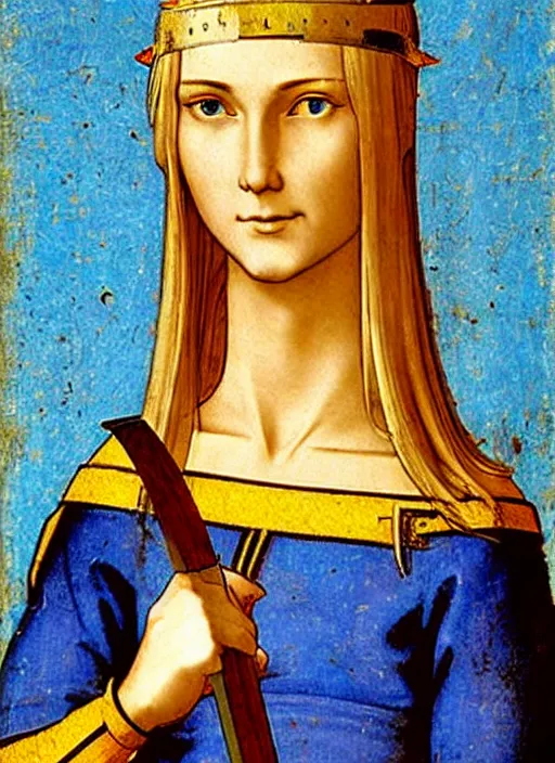 Image similar to young woman in medieval clothing, blue eyes and blond hair, a ribbon in her hair, armed with a sword. art by giotto,