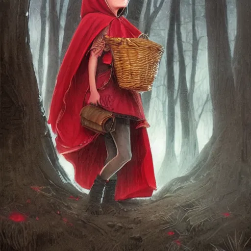 Image similar to cute Little red riding hood stands there crying, tear rolling down cheek, detailed intricate ink illustration, dark atmosphere, detailed illustration, hd, 4k, digital art, overdetailed art, concept art, by greg rutkowski, by loish, complementing colors, Trending on artstation, deviantart