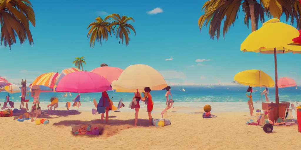 Image similar to a film still of a sunny and colourful beach scene in santa monica, los angelos, wide shot, waist up, wes anderson, studio ghibli, pixar and disney animation, sharp, rendered in unreal engine 5, anime key art by greg rutkowski, bloom, dramatic lighting