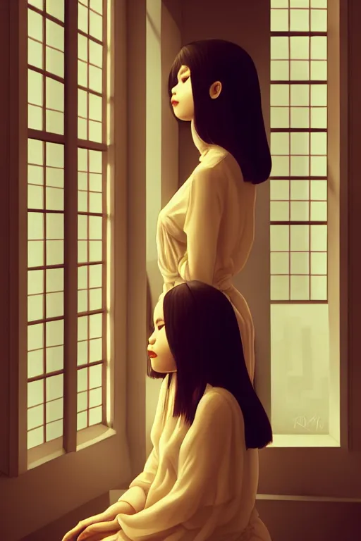 Image similar to joana sitting lookin at window composition : dynamic lighting, digital painting, center of interest, intricate, proportion, highly quality, balance, unity, extremely highly detailed. by bambang nurdianshyah ( details and background ) garis edelweiss ( lighting ) roby dwi antono ( character ) kira ayn varszegi ( dress )