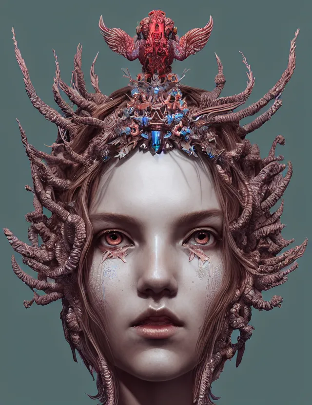 Image similar to symmetrical, centered, zbrush sculpt of goddess close-up portrait wigh crown made of skulls. phoenix betta fish, phoenix, bioluminiscent creature, super intricate ornaments artwork by Tooth Wu and wlop and alena aenami and greg rutkowski