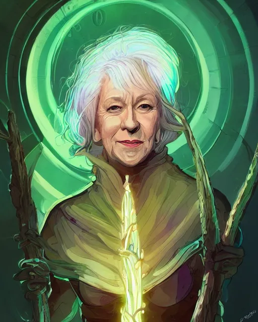 Image similar to a white-haired witch holding a gnarled staff, helen mirren, ancient wisdom, glowing iridescent accents, digital apex legends illustration portrait, gorgeous lighting, wide angle action dynamic portrait, art by Josan Gonzalez, bright colors, green and gold palette, high contrast