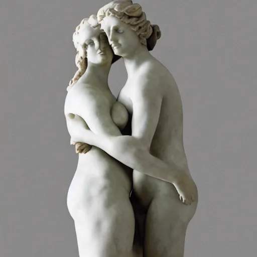 Image similar to sculpture of venus de milo and aphrodite hugging each other, hyperrealistic style in carrara marble