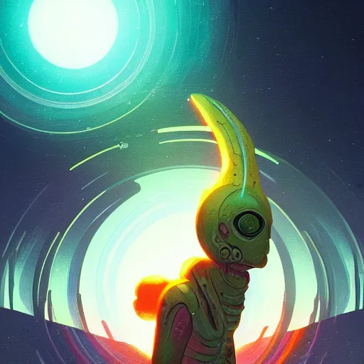 Image similar to glowing alien inspired by René Laloux, Dan Mumford, Greg Rutkowski,stars, cinematic