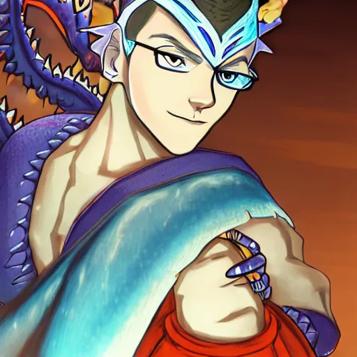 Image similar to half length portrait of a medieval d & d fantasy nerdy anthropomorphic blue dragon - headed - human hybrid with electrcity magic, anime key visual by miyazaki