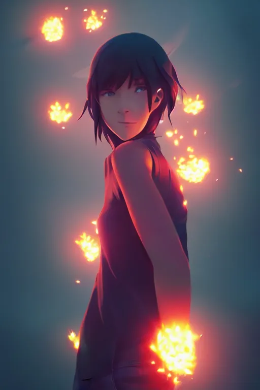 Prompt: 4K hyper detailed portrait of beautiful liminal embers igniting a black background, flying through the sky, sending flickering aesthetic firefly ashes towards viewer by Makoto Shinkai, by Artgerm, by beeple, by Greg Rutkowski, volumetric lighting, octane render, 4K resolution, trending on artstation, masterpiece