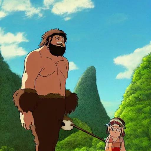 Image similar to a realistic cell - shaded studio ghibli concept art from paprika ( 2 0 0 6 ) of a giant caveman. very dull colors, wide shot, hd, 4 k, hq