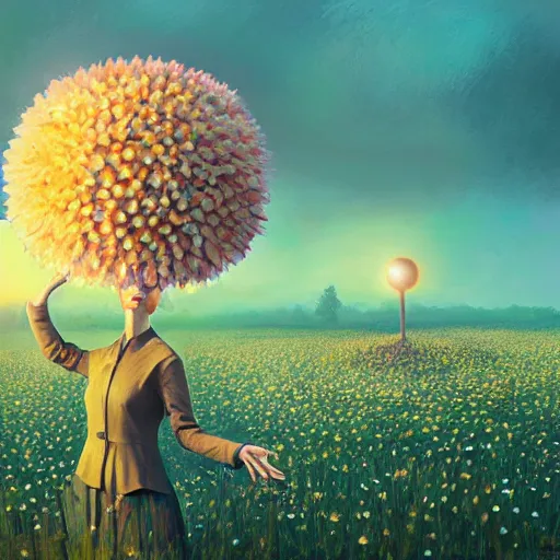 Image similar to giant daisy flower head, frontal, a girl in suit, surreal photography, sunrise, dramatic light, impressionist painting, digital painting, artstation, simon stalenhag