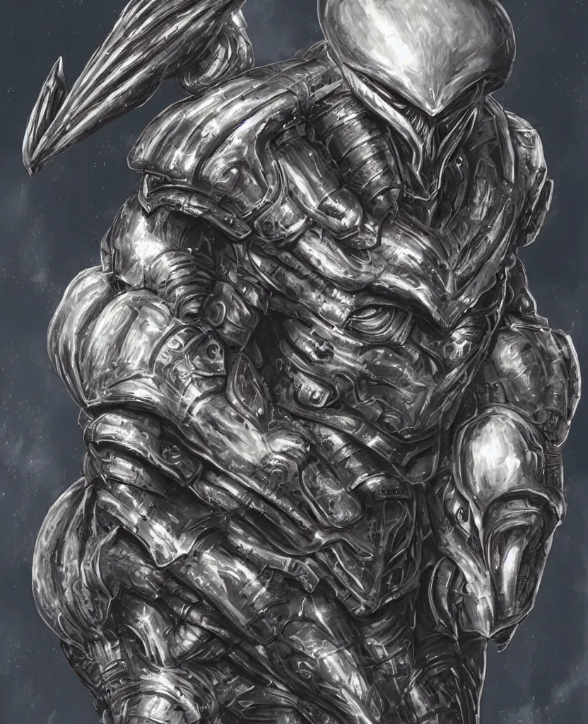 Image similar to a hero portrait of an alien creature with highly detailed features wearing heavy armor, dramatic rim lighting