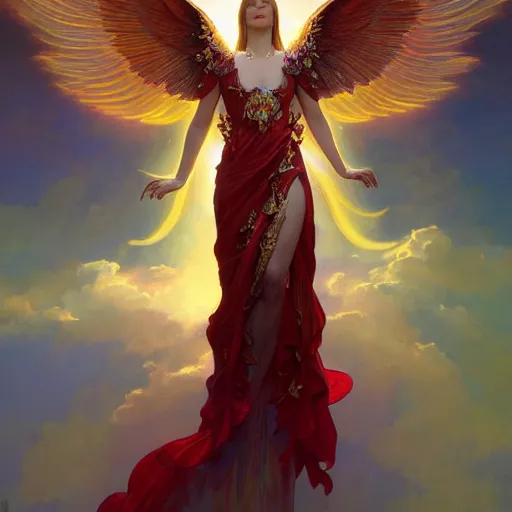 Prompt: a beautiful orchid phoenix angel woman, in an ornamented dress with large wings, volumetric light, god rays, 8 k high resolution, rubies, by greg rutkowski, artgerm, alphonse mucha