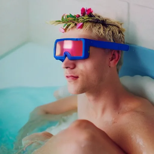 Prompt: close up kodak portra 4 0 0 portrait photograph of a skinny guy with blonde hair laying in a tub of milk, aerial view, wearing cyber goggles, flower crown, moody lighting, telephoto, 9 0 s vibe, blurry background, vaporwave colors, faded!,