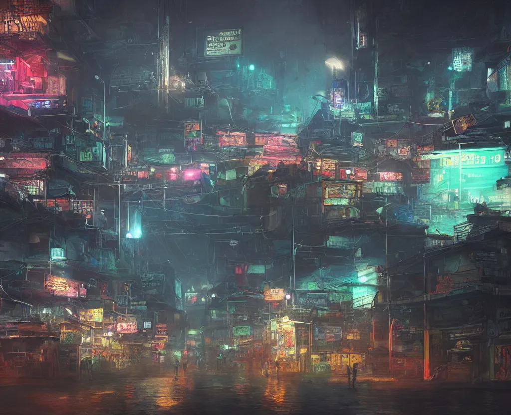 Prompt: the city of kathmandu in a dystopian future, rainfall, night, neon lights, concept art, highly detailed, cinematic, from far away