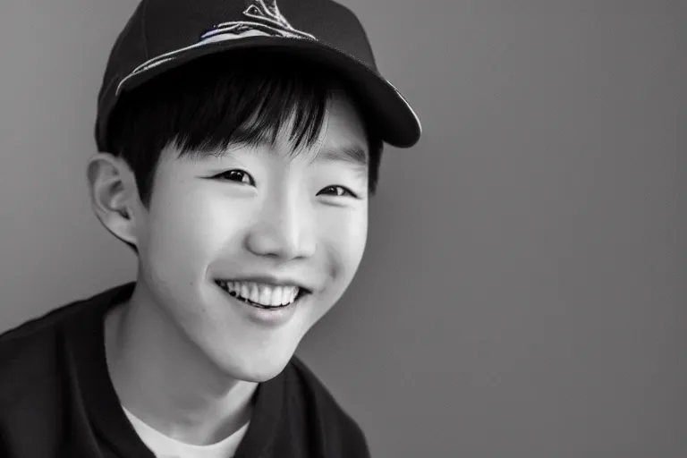 Prompt: still photo of a korean boy smiling at the camera on the street, black and white color aesthetic, highly detailed, photorealistic portrait, bright studio setting, studio lighting, crisp quality and light reflections, unreal engine 5 quality render