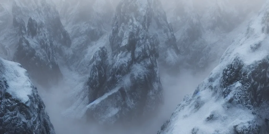 Prompt: standing on a cliff looking down at backlit low lying clouds in a snowy valley with craggy giant rocks hidden in mist, artstation, matte painting