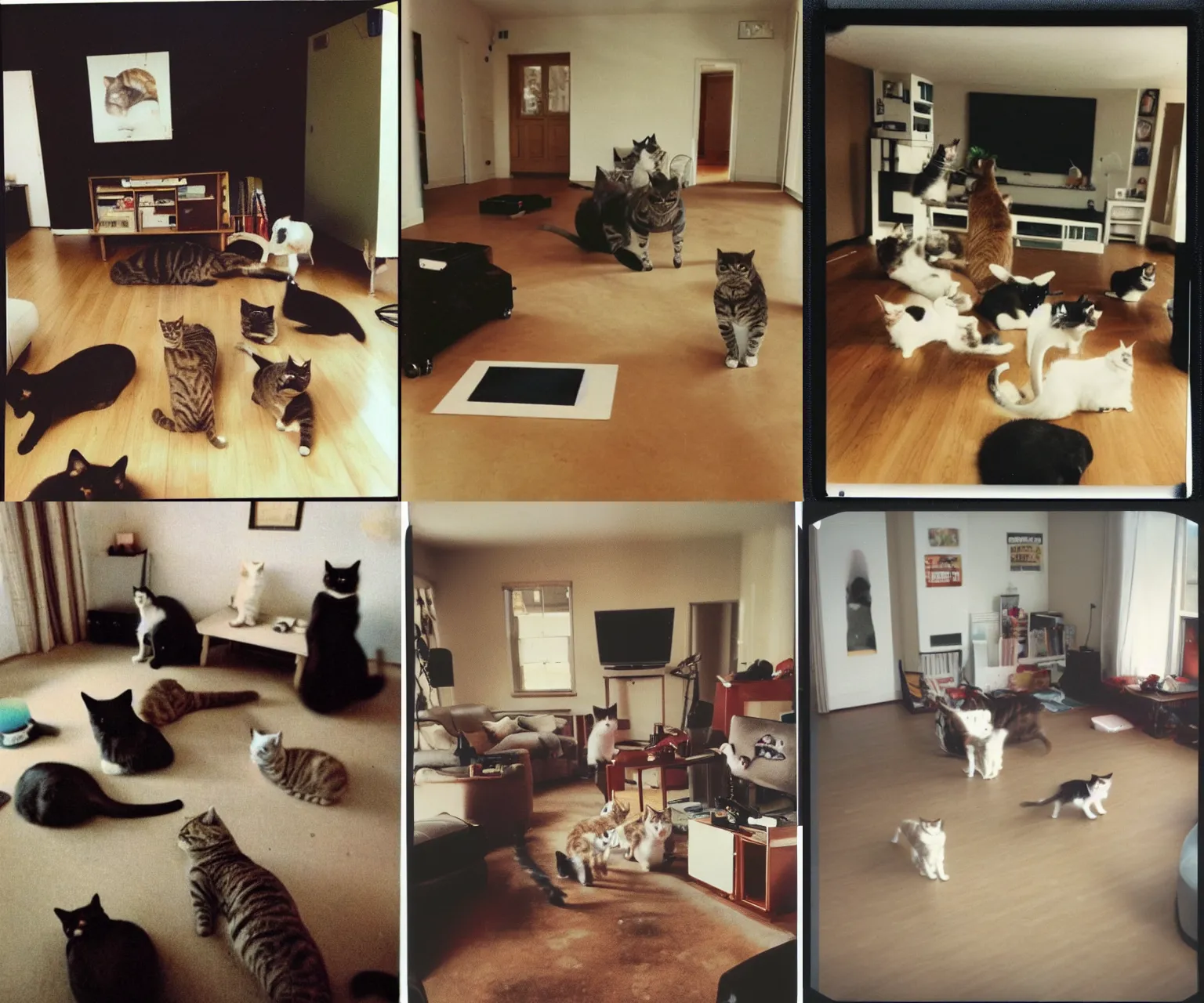 Prompt: 1990s polaroid photo of an empty living room full of cats, nostalgic