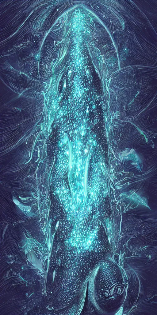 Image similar to A bioluminescent whale shark, lovecraft, coherent, symmetrical, intricate, high detail, digital painting, fantasy painting, visionary art, octane render, 4k, trending on artstation