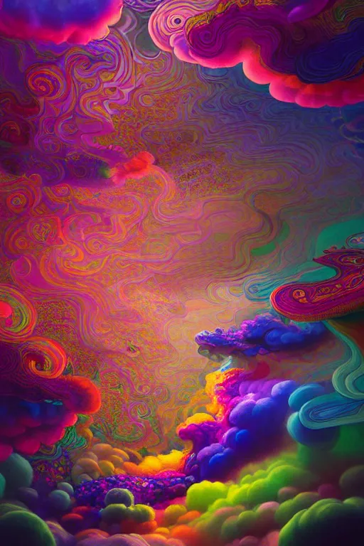 Prompt: colorful liquid smoke and clouds forming faces, animal shapes and flowers, an extremely colorful psychedelic experience, dmt, psilocybin, lsd, intricate, elegant, highly detailed, digital painting, artstation, smooth, sharp focus, illustration, art by krenz cushart, hana yata, octane render, unreal engine, 8 k