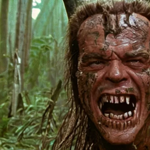 Image similar to cinematic still of jack nicholson, covered in mud and watching a predator in a swamp in 1 9 8 7 movie predator, hd, 4 k