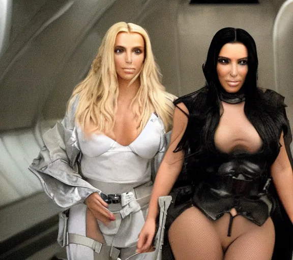 Prompt: a movie still of kim kardashian and britney spears as a prisoner in the movie star wars