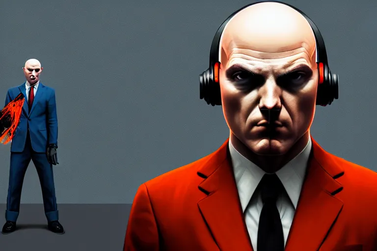 Prompt: an expressive portrait of agent 4 7 from hitman wearing headphones and holding a handgun in front of a wall of vinyl records, blue rim light, digital art, artstation, art by giger stalenhag