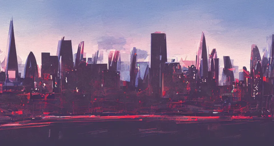 Prompt: color sketch of the london skyline, highly detailed, dramatic lighting, intense shadows, rich deep colours, by james gilleard