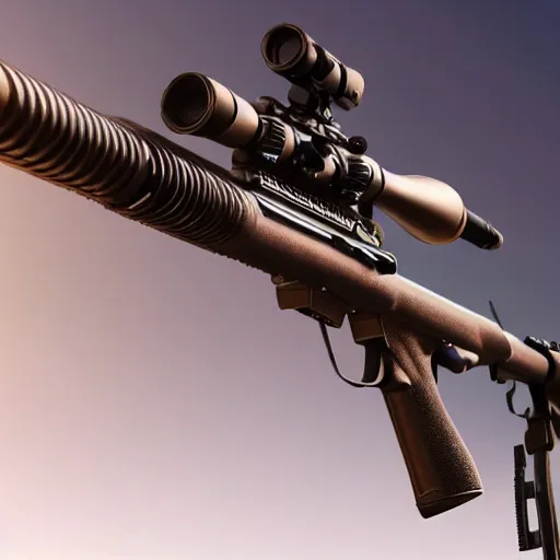 Prompt: close up of beautiful female and barrett m 9 5 sniper rifle are best friends, hi - fructose, decadent highly - detailed digital painting, golden ratio, octane render, artstation, cinematic composition, smooth, sharp focus