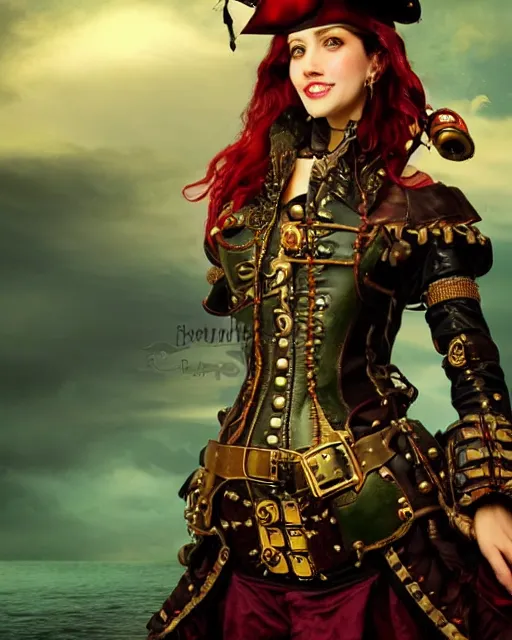 Prompt: a beautiful young female steampunk pirate wearing leather armor on gold and red trimmings on green, very cool pose, pirate ship with an epic sky background, slightly smiling, by Charlie Bowater Annie Leibovitz, zhuoxin ye, cinematic lighting and composition, fantasy painting, very detailed, ornate, 8k trending on artstation and pinterest, deviantart, google images