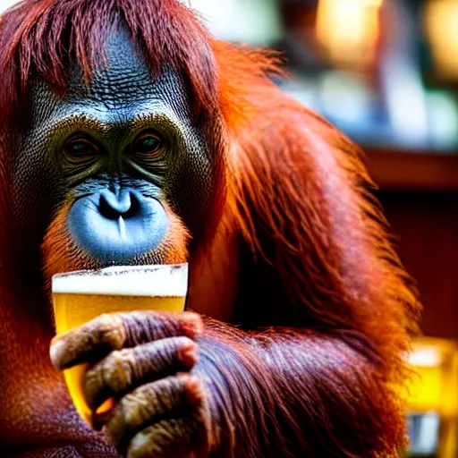 Image similar to orangutan at a pub with a pint of beer in his hand, highly detailed, realistic, beautiful composition, sharp focus, sharp focus