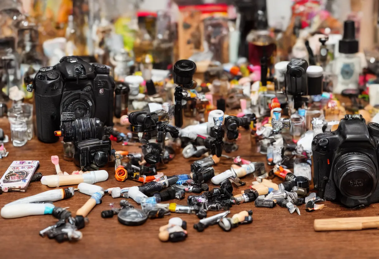 Prompt: wide dslr photo still of an occult toy on a table cluttered with drug paraphernalia