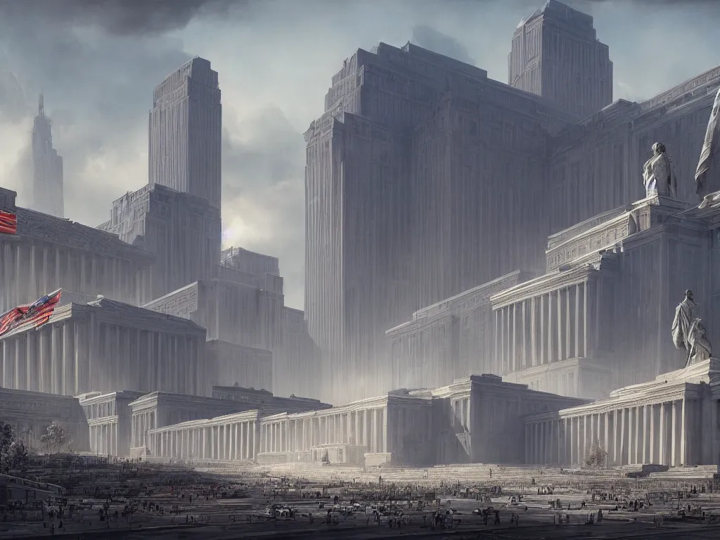 Prompt: matte painting by fan wennan. future capitol of the american communist party shining in the sun after the triumph of socialism in america, hyperdetailed, cinematic, photorealistic, hyperrealism, masterpiece, future communist governmental architecture, statue, imposing, strength, abundance. america 2 0 9 8