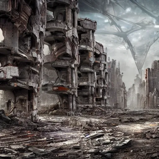 Prompt: the ruins of a futuristic city in a post-apocalyptic world, photography, award winning, 8k