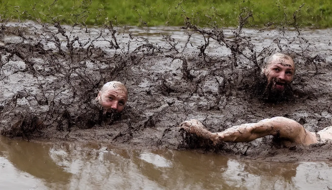 Prompt: man swimming trough the mud, russian style, hilarious, funny, meme, realistic, detailed, 4 k