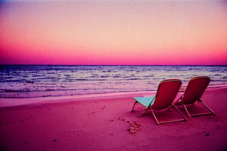 Image similar to a vintage family holiday photo fuji kodak of an empty beach shore with pastel pink sand reflective metallic water and sunbathing equipment at dusk.