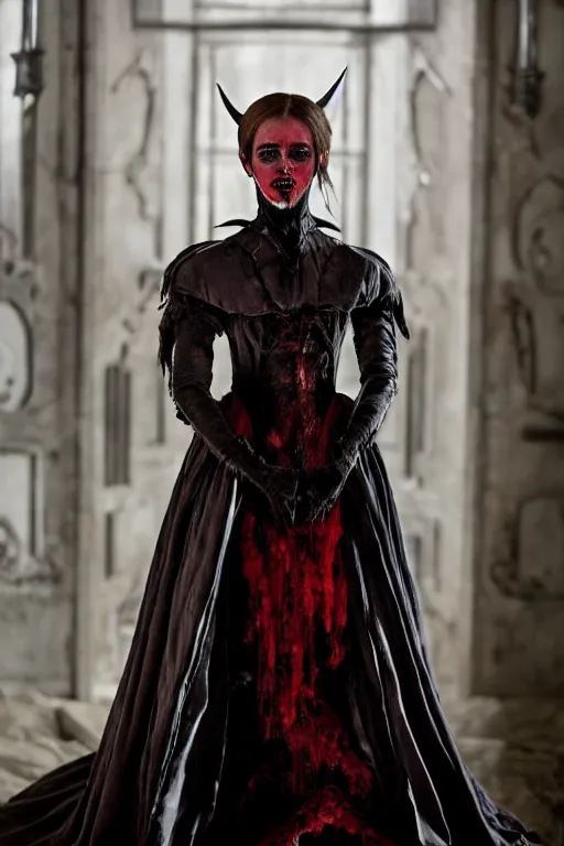 Image similar to dressed emma watson, a sinister demonic queen of cenobites, symmetrical, cinematic, elegant, demonic atmosphere, professional studio light, real dlsr photography, sharp focus, costume made by clive barker, real rotten flesh, blood and bones, 4 k, ultra hd, sense of awe