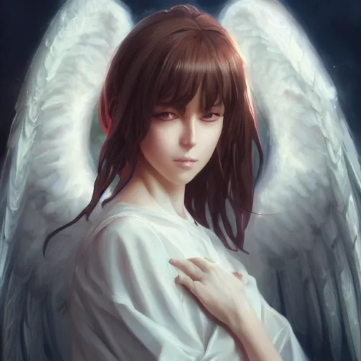 Image similar to an oil painting of a beautiful anime girl with angel wings, by artgerm, wlop and greg rutkowski, hd, hdr, ue 5, ue 6, unreal engine 5, cinematic 4 k wallpaper, 8 k, ultra detailed, high resolution, artstation, award winning