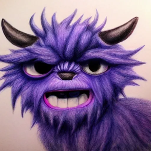 Image similar to A realistic drawing of a blue fuzzy monster with purple horns and one big cute eye