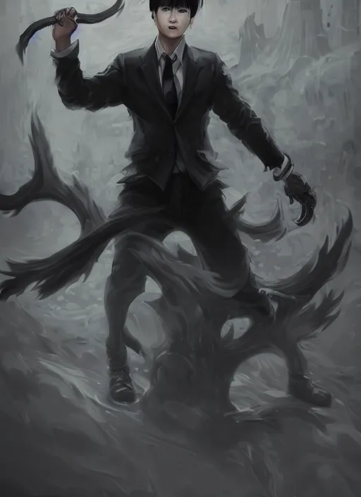 Image similar to a highly detailed illustration of attractive korean man with bowl cut black hair wearing shirt and tie with foggy giant black mist claws, wielding giant black mist claws pose, tired expression, black mist surrounding background, intricate, elegant, highly detailed, centered, digital painting, artstation, concept art, smooth, sharp focus, league of legends concept art, wlop.