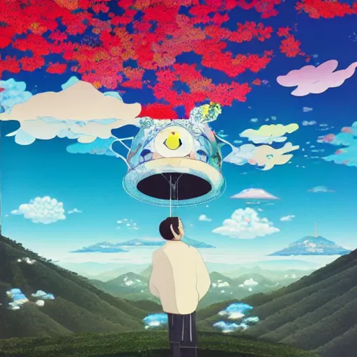 Image similar to a man walking on clouds away from the camera above kyoto by takashi murakami, beeple and james jean, aya takano color style, 4 k, super detailed, modern, 4 k, symmetrical