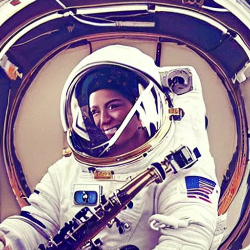 Image similar to astronaut using a saxophone in space, hd, earth, realistic, detailed, award winning image