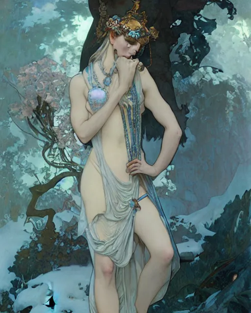 Image similar to a goddess of frost, adorned with precious stones, by jeremy mann and alphonse mucha, peter mohrbacher, james jean