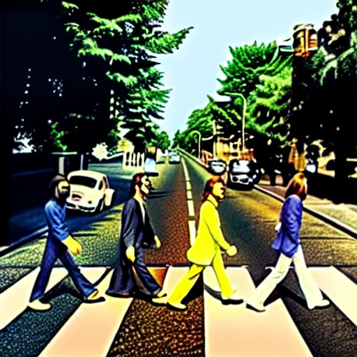 Image similar to The cover of Abbey Road in the style of Tim Burton, HD, Hyper realistic, intricate detail