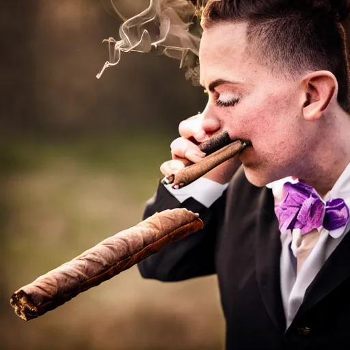 Prompt: professional photography of a violet rabbit smoking a cigar