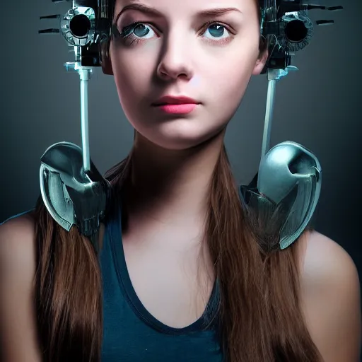 Image similar to cute young woman with robot ears and eyes, 4k, Jason Naylor