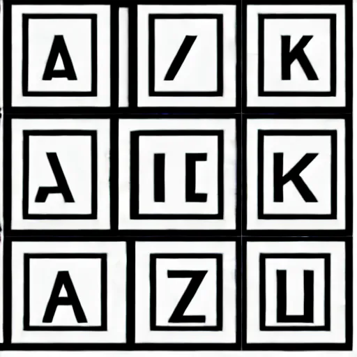 Prompt: latin alphabet in square boxes, symmetrical, grayscale, sharp
