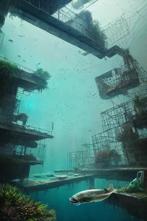 Image similar to hyperrealistic precisionist cinematic underwater neo - dystopian city ruins with giant luminescent aquatic plants, digital art masterpiece, aykut aydogdu eric zener, dramatic volumetric light, long shot, low angle uhd 8 k, sharp focus