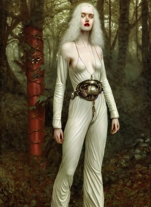 Prompt: of the ancient roman goddess of wisdom and war, with red lips, with curls of long white hair, standing in the middle of the forest and birds, in a leather jumpsuit by lee alexander mcqueen, iron armor, heels very beautiful style, photorealism, edgard maxence 8 k