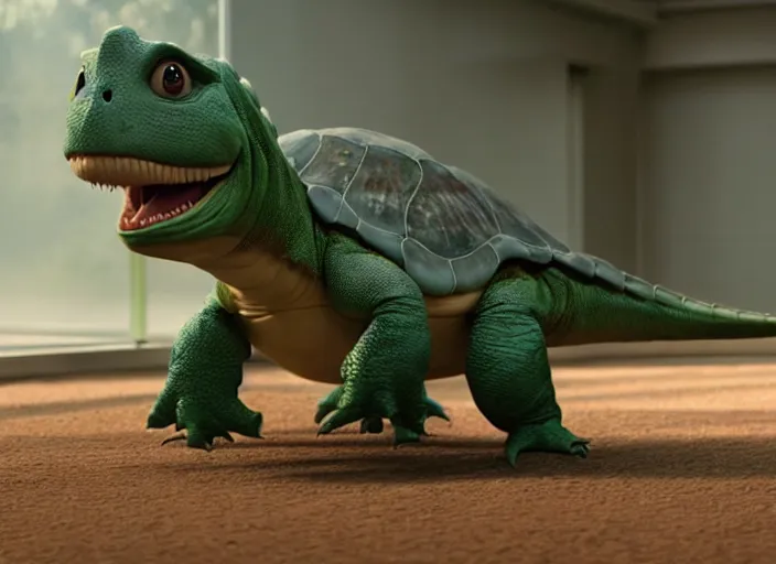 Image similar to film still of real life dinosaur turtle yoshi in the new sci - fi movie, 8 k